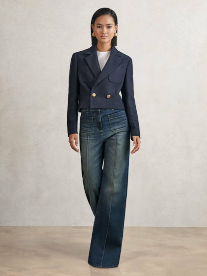 Reiss Popular Choice - Petite Patch-Pocket Flared Jeans in Mid Blue