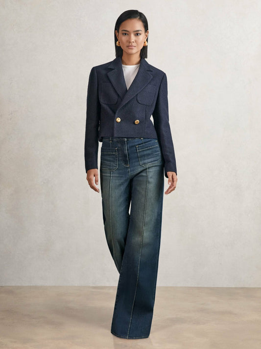 Reiss Popular Choice - Petite Patch-Pocket Flared Jeans in Mid Blue