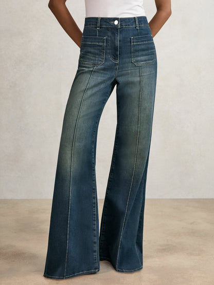 Reiss Popular Choice - Petite Patch-Pocket Flared Jeans in Mid Blue