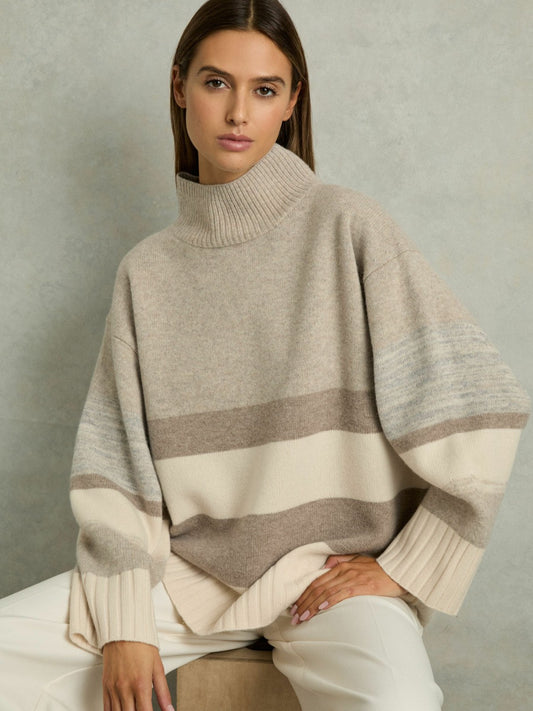 Reiss Savings - Wool Funnel-Neck Striped Jumper in Neutral