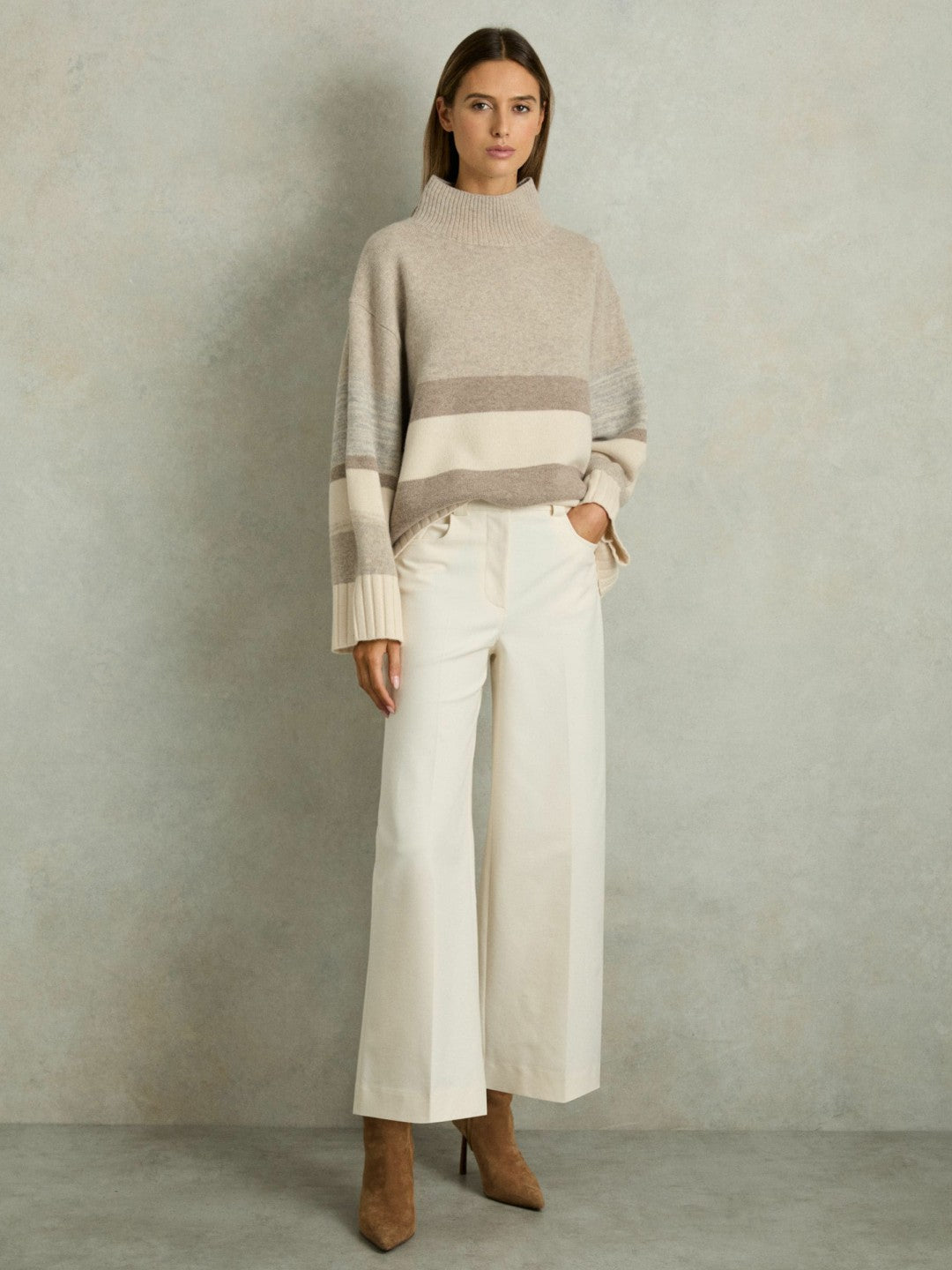 Reiss Savings - Wool Funnel-Neck Striped Jumper in Neutral
