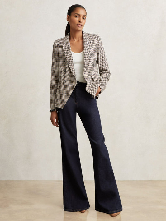 Reiss Featured - Petite Cotton-Linen Double-Breasted Houndstooth-Check Blazer in Navy Neutral Check