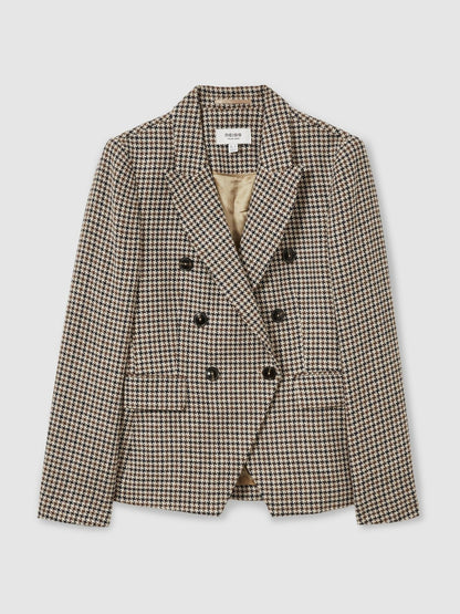 Reiss Featured - Petite Cotton-Linen Double-Breasted Houndstooth-Check Blazer in Navy Neutral Check