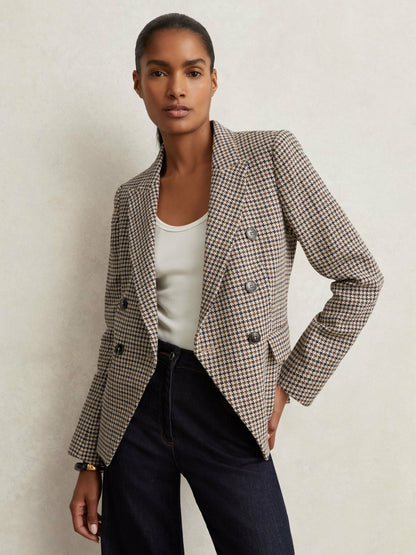 Reiss Featured - Petite Cotton-Linen Double-Breasted Houndstooth-Check Blazer in Navy Neutral Check