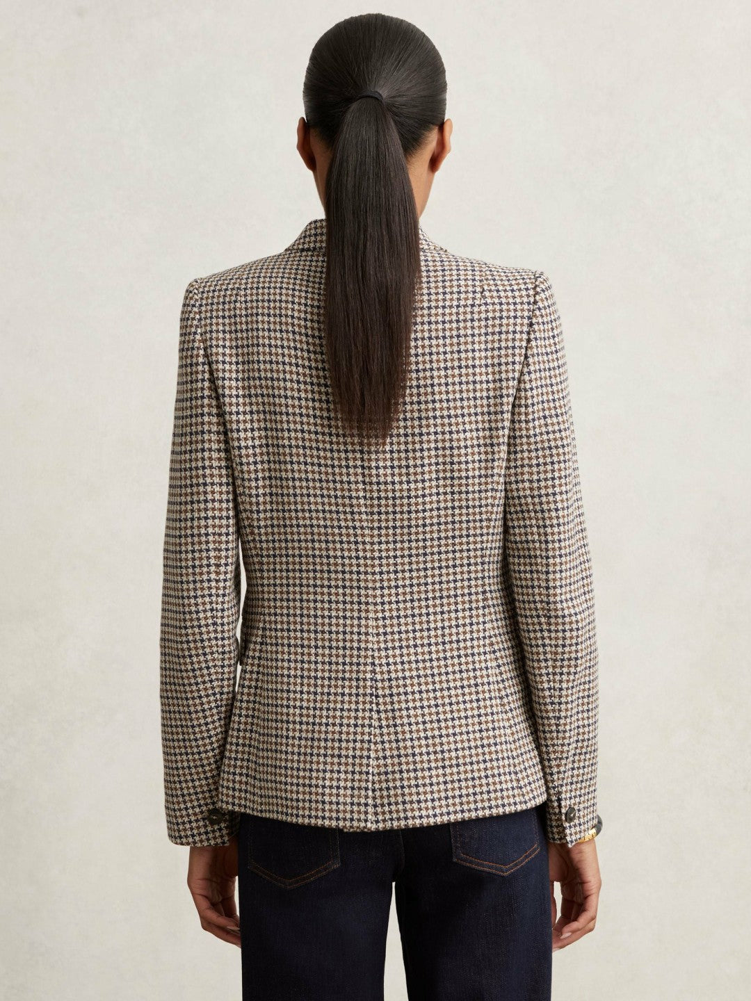 Reiss Featured - Petite Cotton-Linen Double-Breasted Houndstooth-Check Blazer in Navy Neutral Check