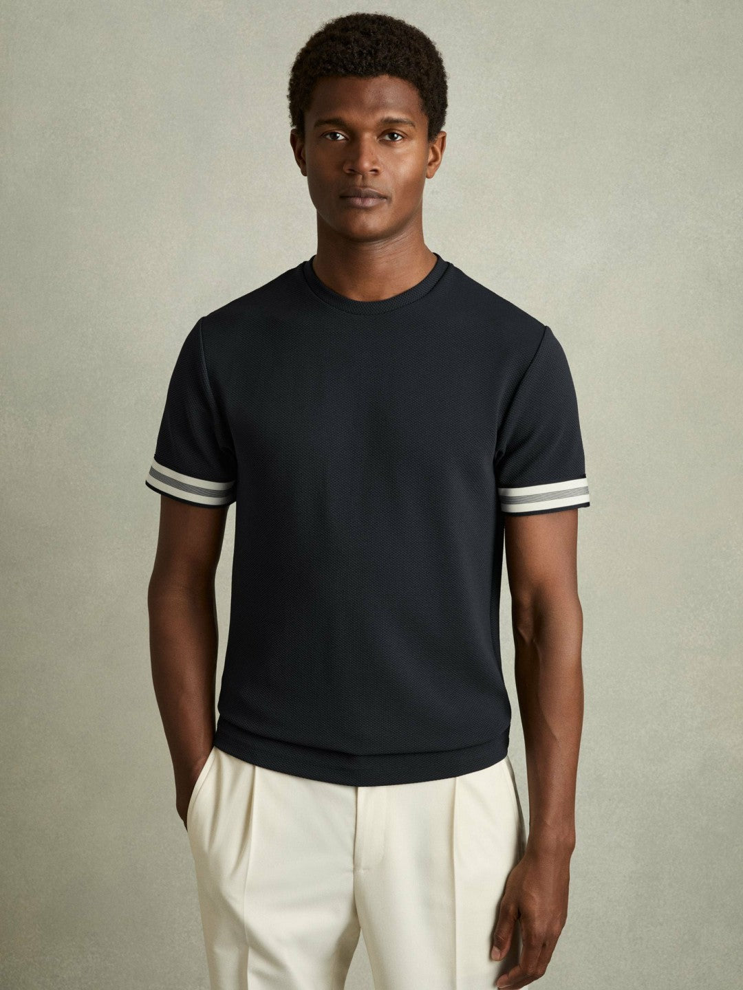 Reiss Value - Tape-Cuff Textured T-Shirt in Navy