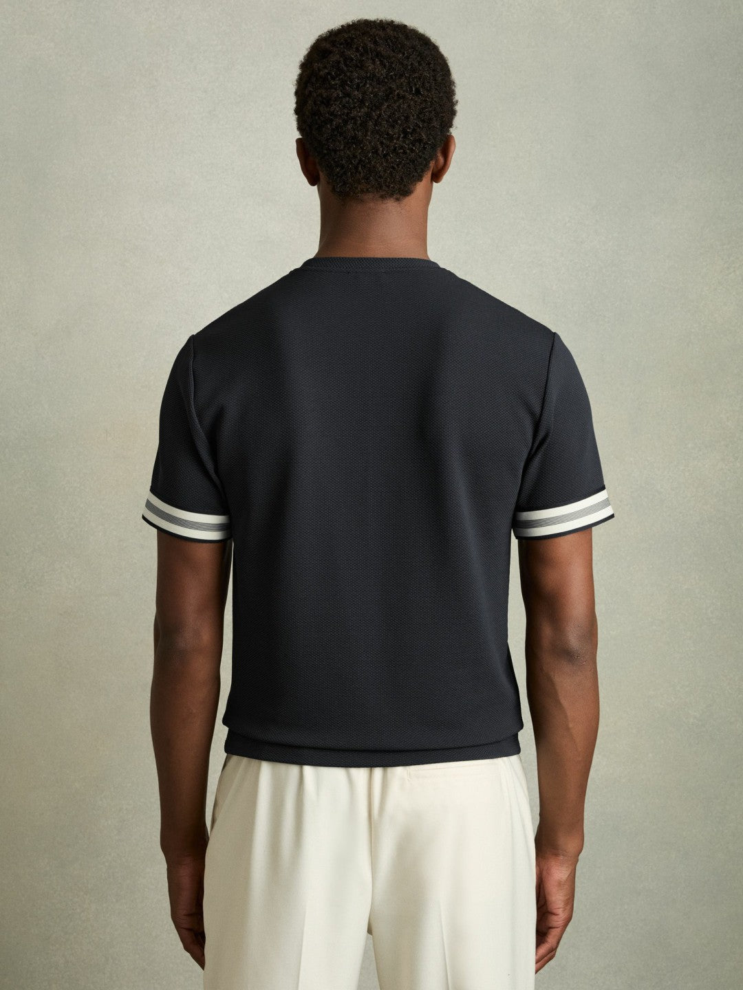 Reiss Value - Tape-Cuff Textured T-Shirt in Navy