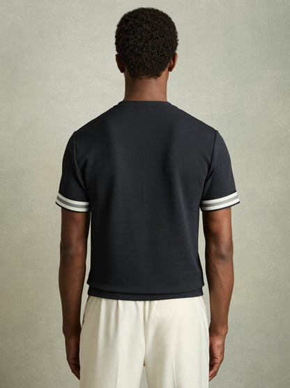 Reiss Value - Tape-Cuff Textured T-Shirt in Navy