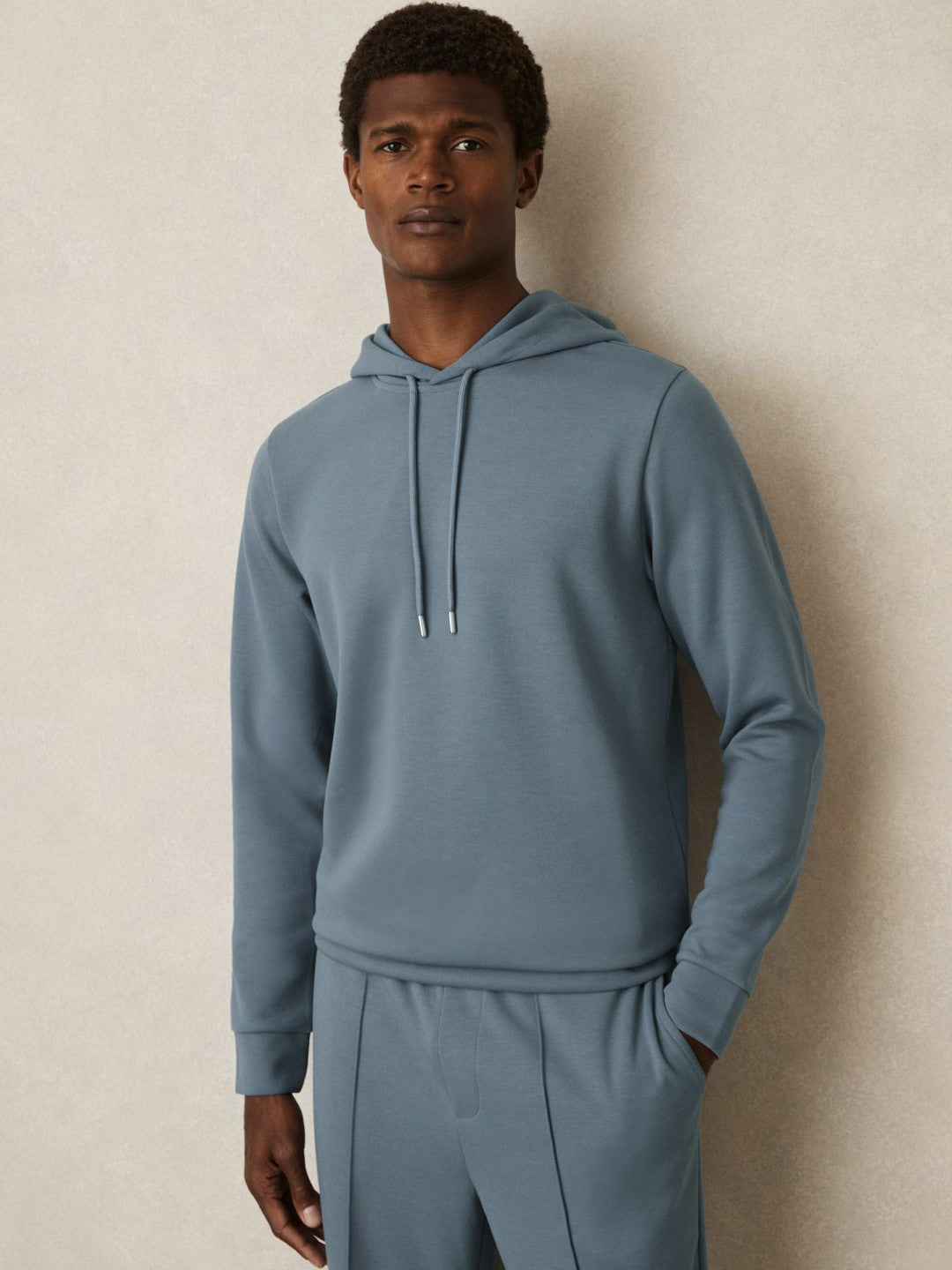 Reiss Affordable - Interlock Jersey Drawstring Hoodie in Airforce Blue