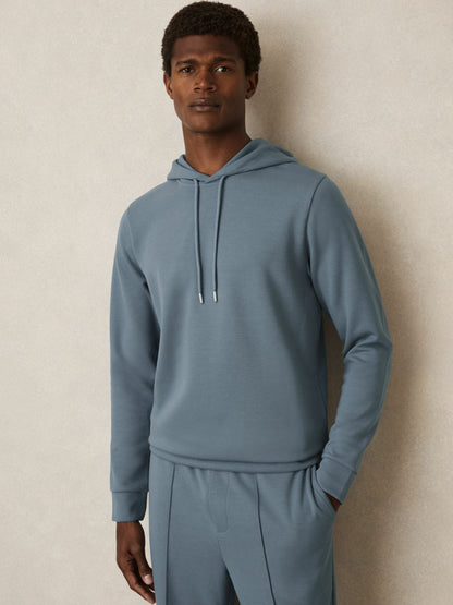 Reiss Affordable - Interlock Jersey Drawstring Hoodie in Airforce Blue