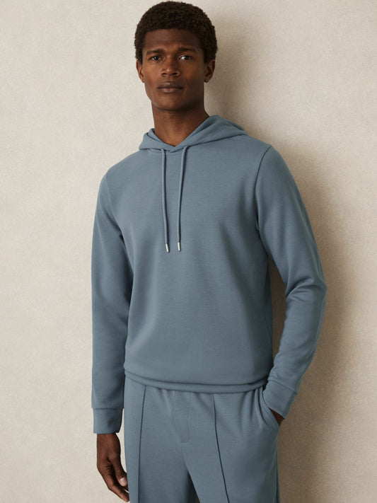 Reiss Affordable - Interlock Jersey Drawstring Hoodie in Airforce Blue