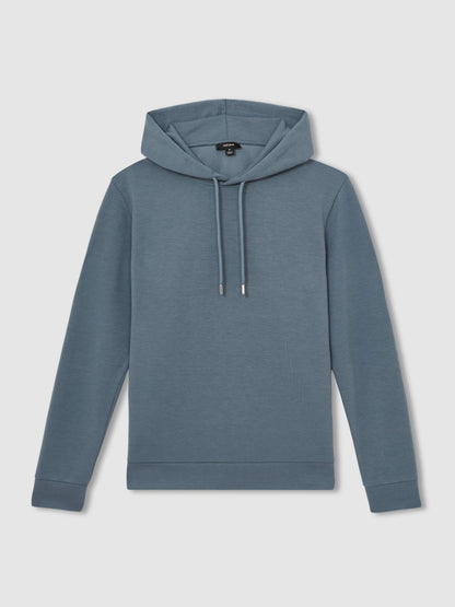 Reiss Affordable - Interlock Jersey Drawstring Hoodie in Airforce Blue