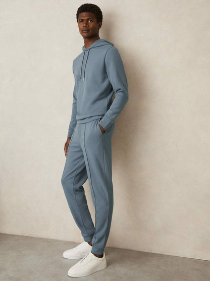 Reiss Affordable - Interlock Jersey Drawstring Hoodie in Airforce Blue