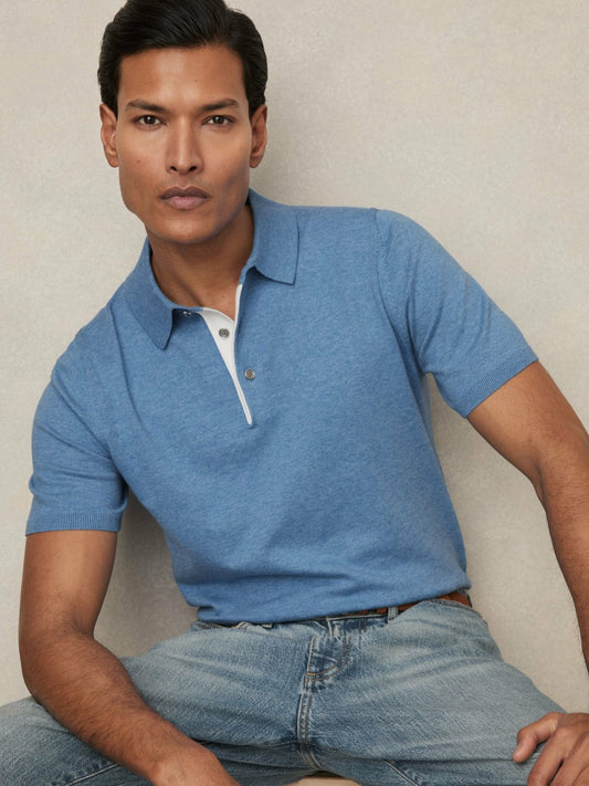 Reiss Savings - Contrast-Placket Polo Shirt With Cotton in Blue