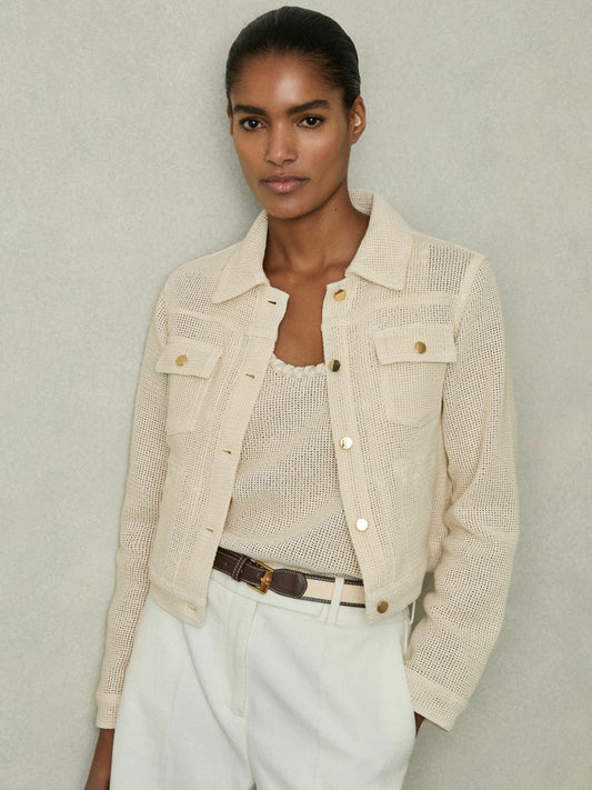 Reiss Affordable - Cotton-Blend Textured Trucker Jacket in Neutral