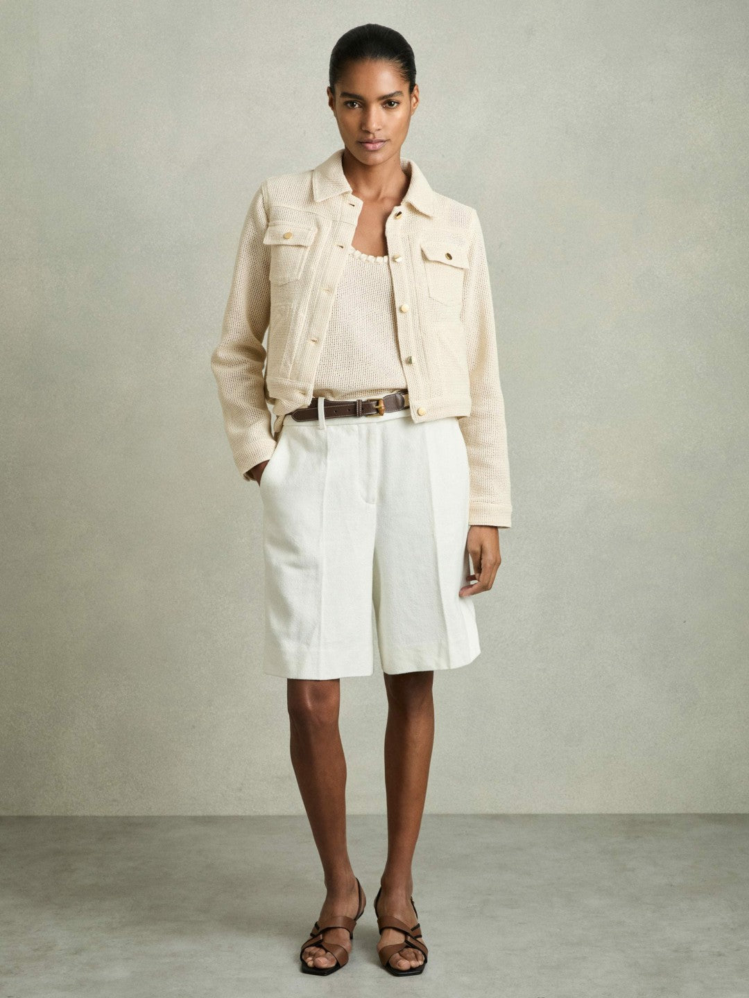 Reiss Affordable - Cotton-Blend Textured Trucker Jacket in Neutral