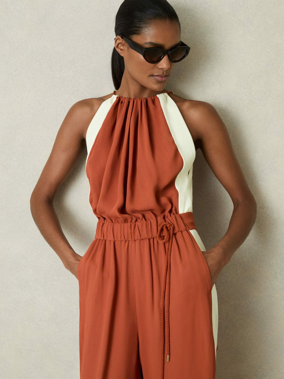 Reiss Sale - Colour-Block Rope-Cord Jumpsuit in Orange