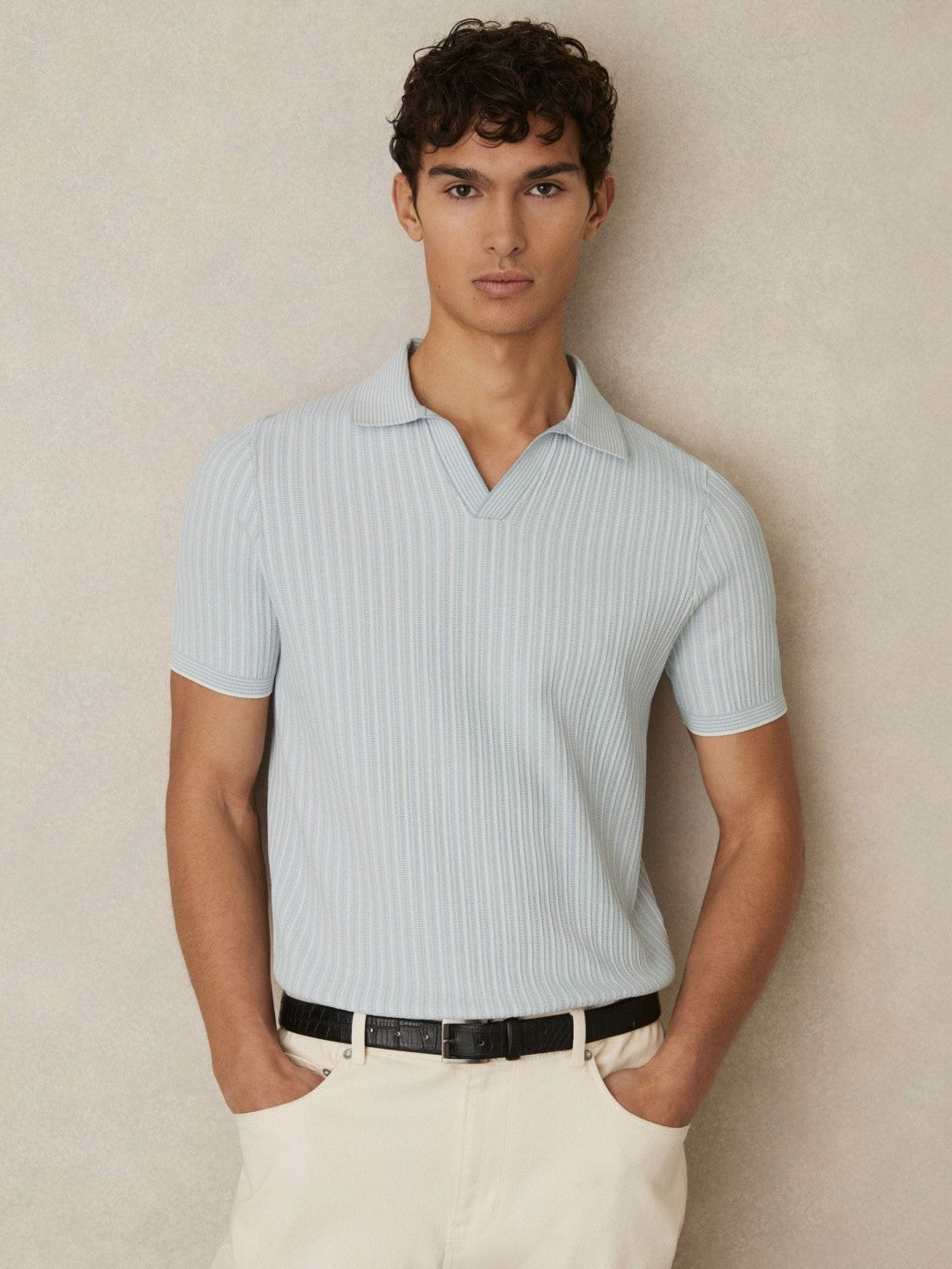 Reiss Best Seller - Open-Collar Textured Polo Shirt in Soft Blue/White