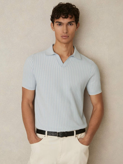 Reiss Best Seller - Open-Collar Textured Polo Shirt in Soft Blue/White