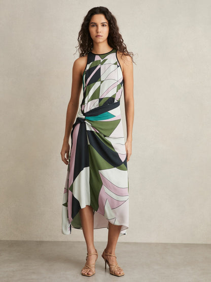 Reiss Geometric-Print Gathered Midi Dress in Green