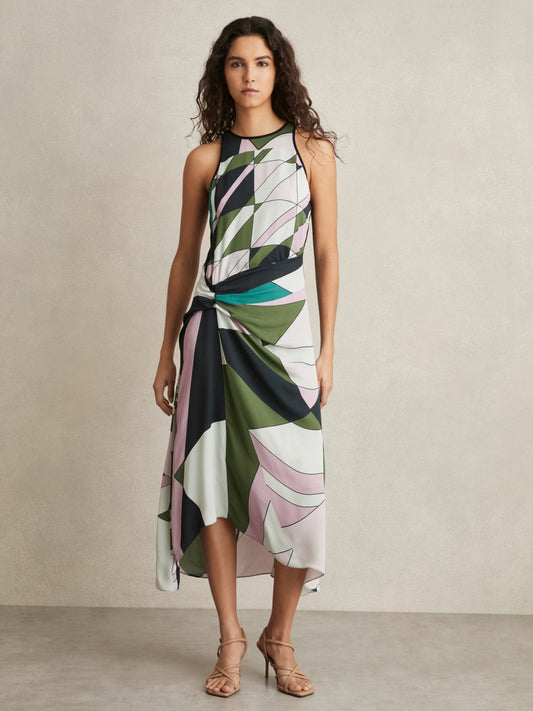 Reiss Offer - Geometric-Print Gathered Midi Dress in Green