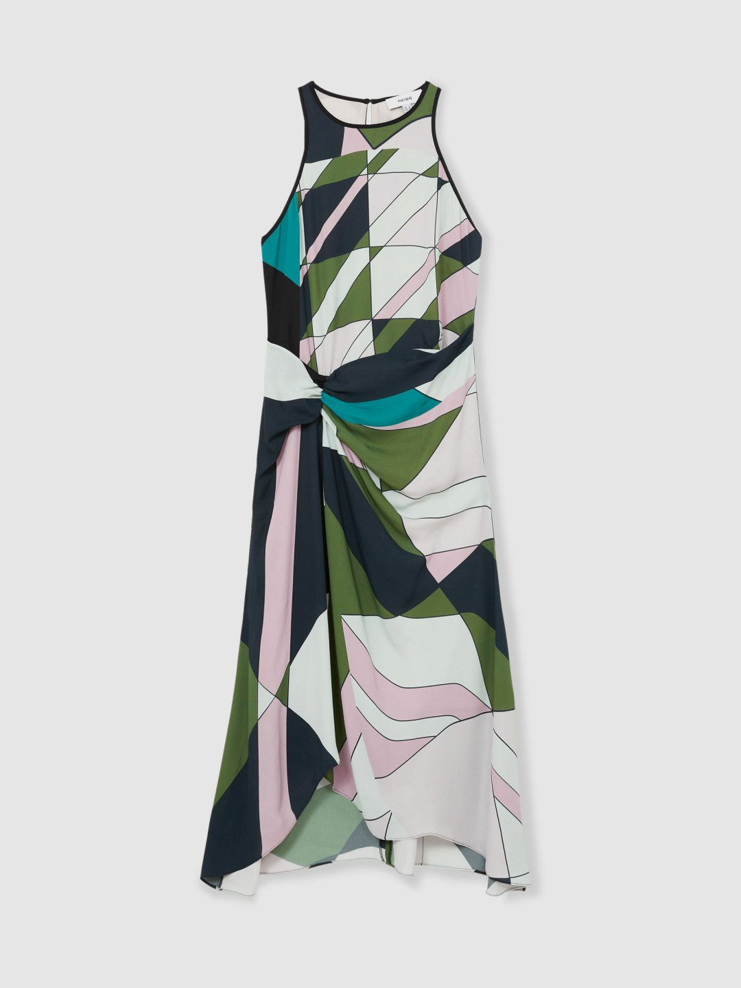 Reiss Geometric-Print Gathered Midi Dress in Green