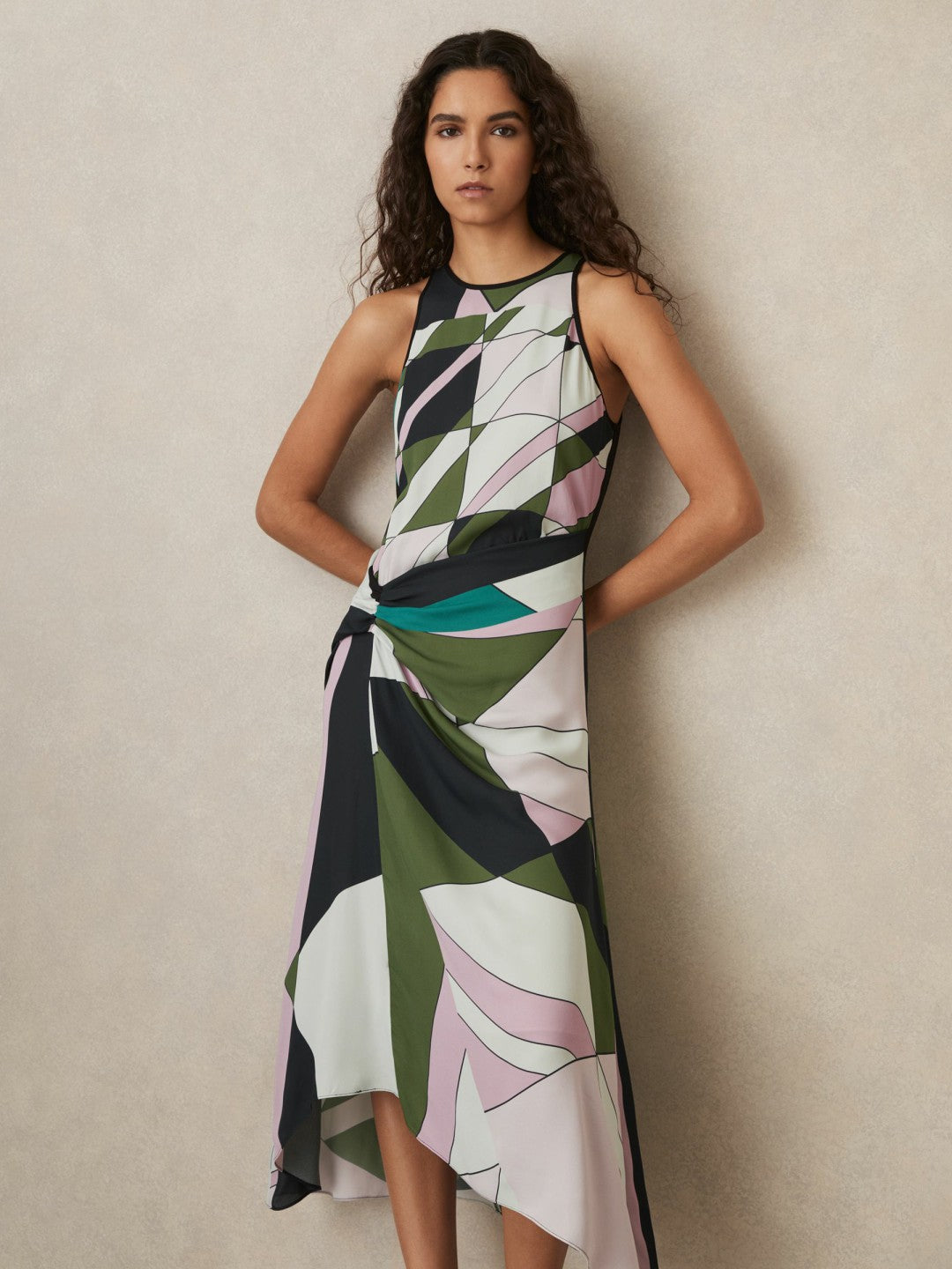 Reiss Geometric-Print Gathered Midi Dress in Green