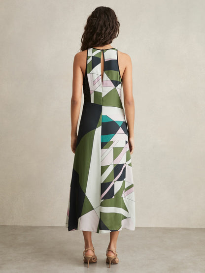 Reiss Geometric-Print Gathered Midi Dress in Green