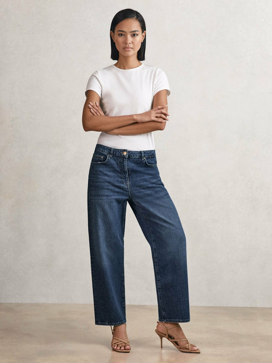 Reiss Popular Choice - Petite Mid-Rise Straight-Leg Jeans in Mid Blue