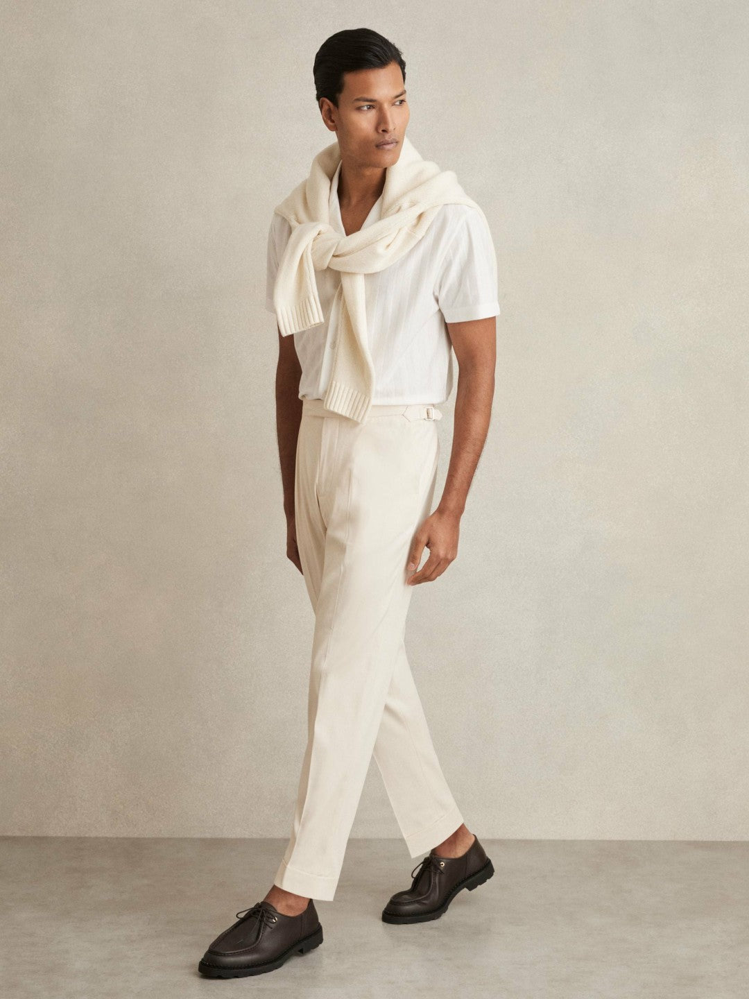 Reiss Affordable - Cotton-Blend Tapered Trousers in Stone