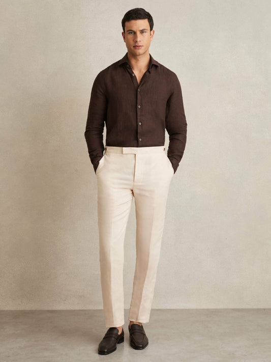 Reiss Featured - Linen Button-Through Shirt in Dark Brown