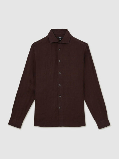 Reiss Featured - Linen Button-Through Shirt in Dark Brown