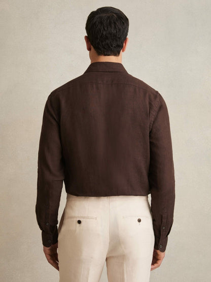 Reiss Featured - Linen Button-Through Shirt in Dark Brown