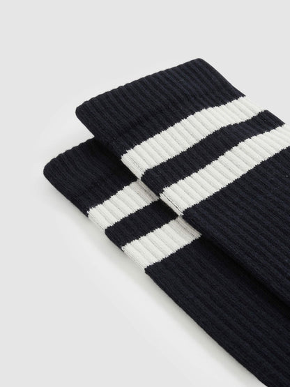 Reiss Affordable - Cotton-Blend Double-Stripe Socks in Navy/Ecru