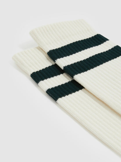 Reiss Sale - Cotton-Blend Double-Stripe Socks in Forest Green/Ecru