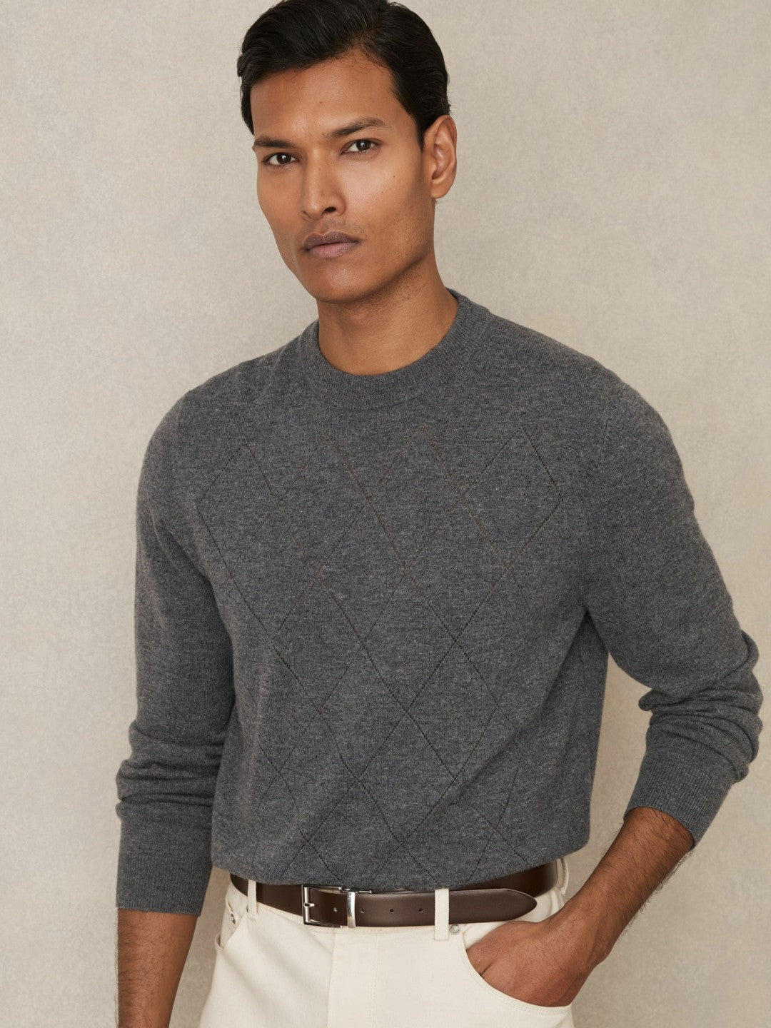 Reiss Deal - Leather Reversible Belt in Stone/Dark Brown