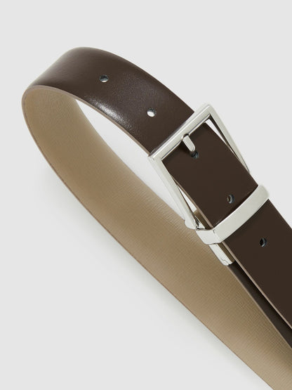 Reiss Deal - Leather Reversible Belt in Stone/Dark Brown