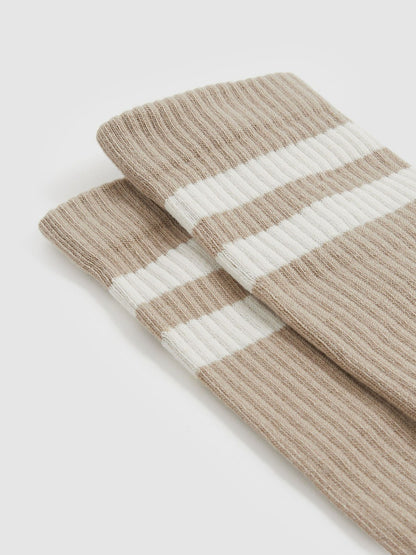 Reiss Savings - Cotton-Blend Double-Stripe Socks in Taupe/Ecru