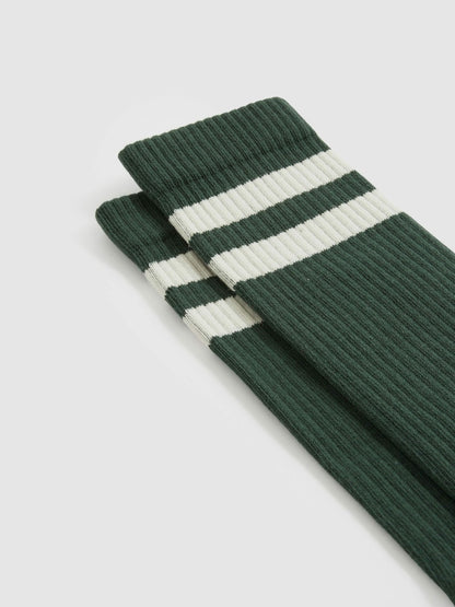 Reiss Value - Cotton-Blend Double-Stripe Socks in Pine Green/Ecru