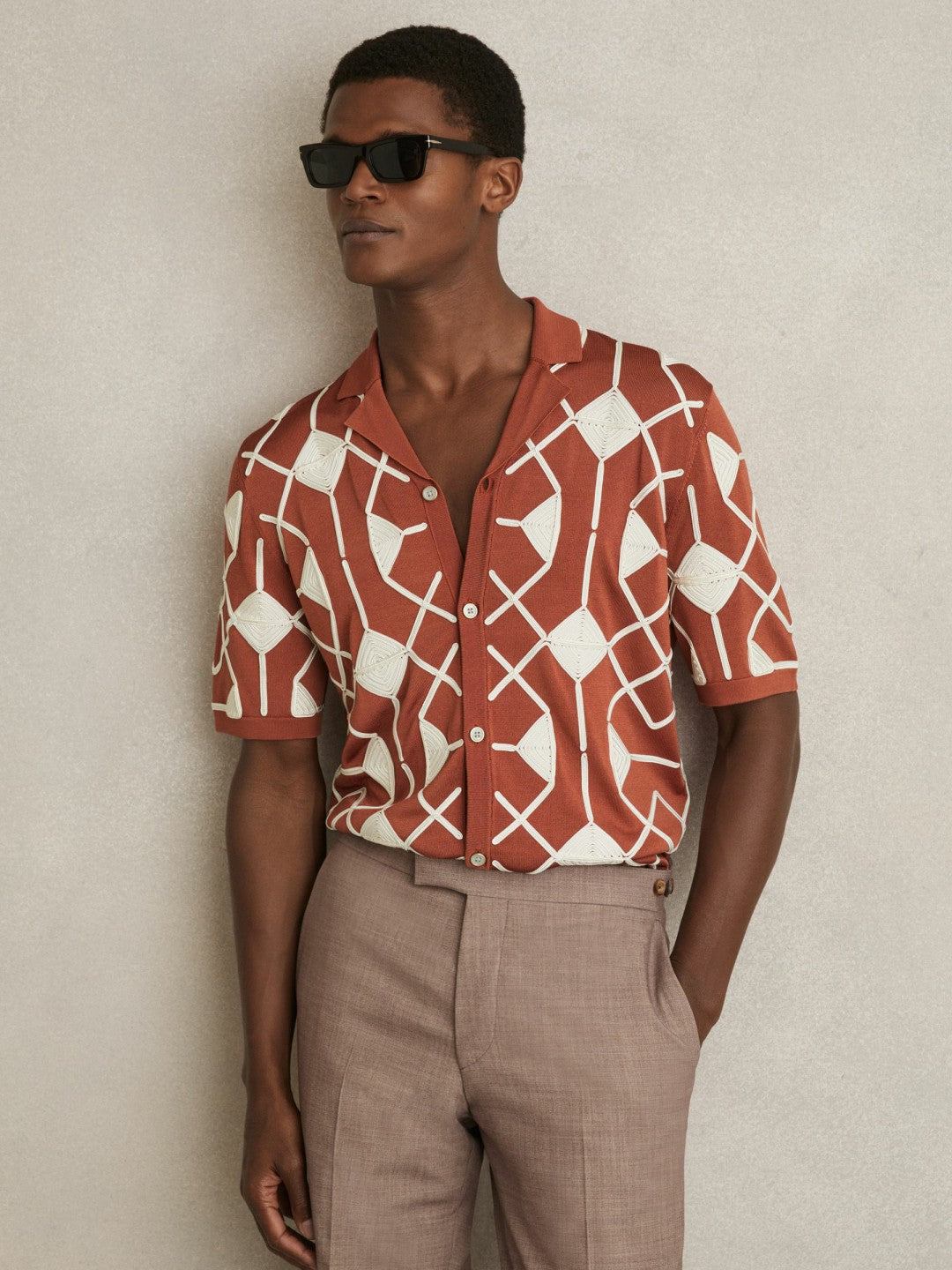 Reiss Best Seller - Geometric Embroidery Knit Shirt in Paprika Red
