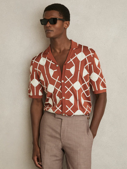 Reiss Best Seller - Geometric Embroidery Knit Shirt in Paprika Red