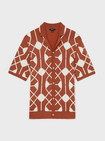 Reiss Best Seller - Geometric Embroidery Knit Shirt in Paprika Red