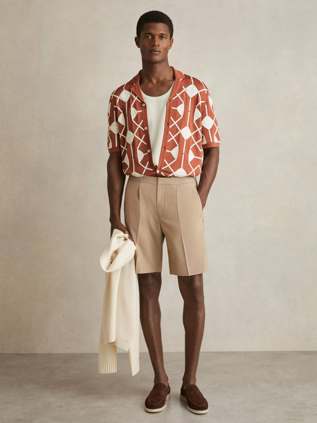 Reiss Best Seller - Geometric Embroidery Knit Shirt in Paprika Red