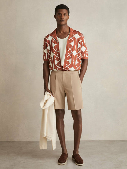 Reiss Best Seller - Geometric Embroidery Knit Shirt in Paprika Red