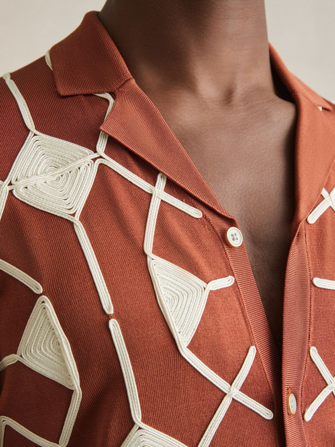 Reiss Best Seller - Geometric Embroidery Knit Shirt in Paprika Red