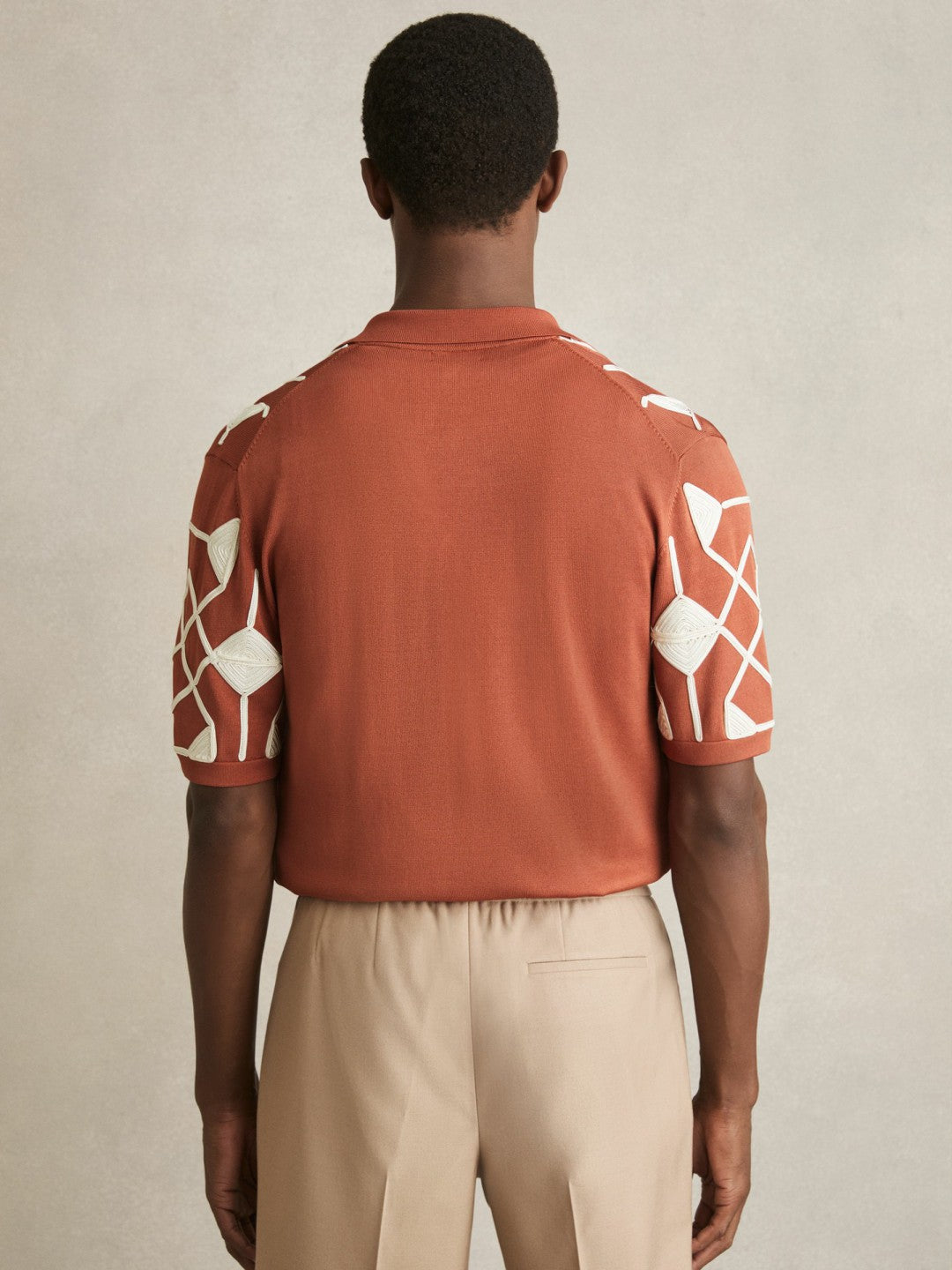 Reiss Best Seller - Geometric Embroidery Knit Shirt in Paprika Red