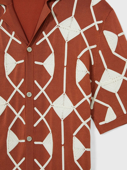 Reiss Best Seller - Geometric Embroidery Knit Shirt in Paprika Red
