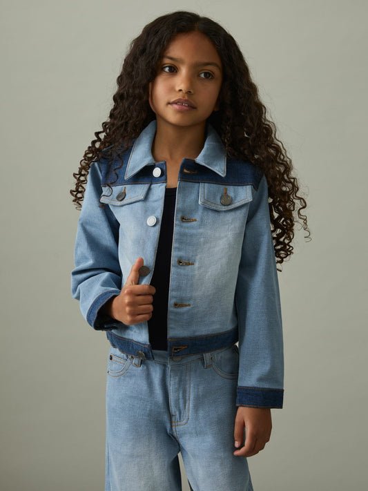Reiss Featured - 9-13 yrs Patchwork Two-Tone Denim Jacket in Blue
