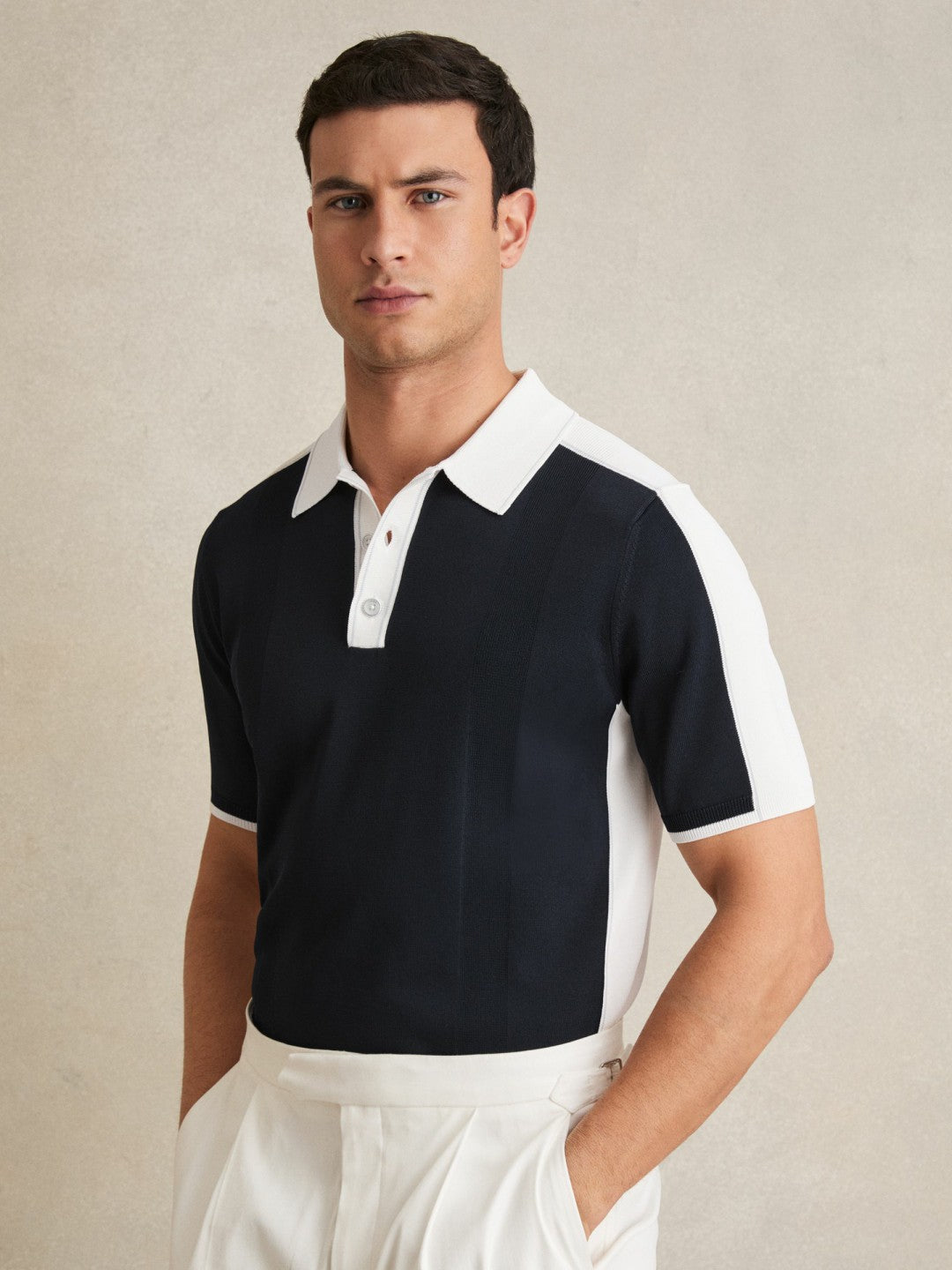 Reiss Affordable - Colour-Block Knit Polo Shirt in Navy/White