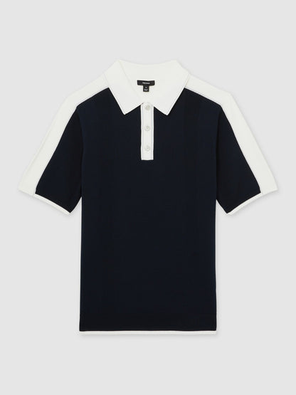 Reiss Affordable - Colour-Block Knit Polo Shirt in Navy/White
